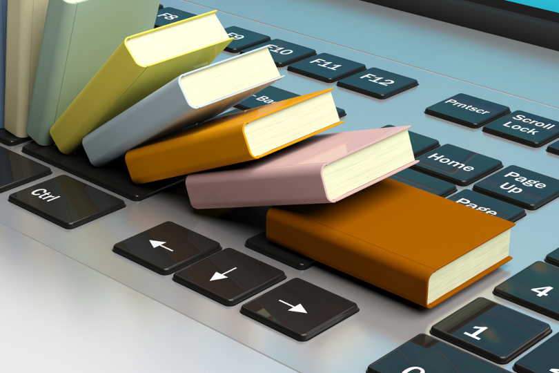 Ilustração representando livros empilhados em cima do teclado de um laptop.