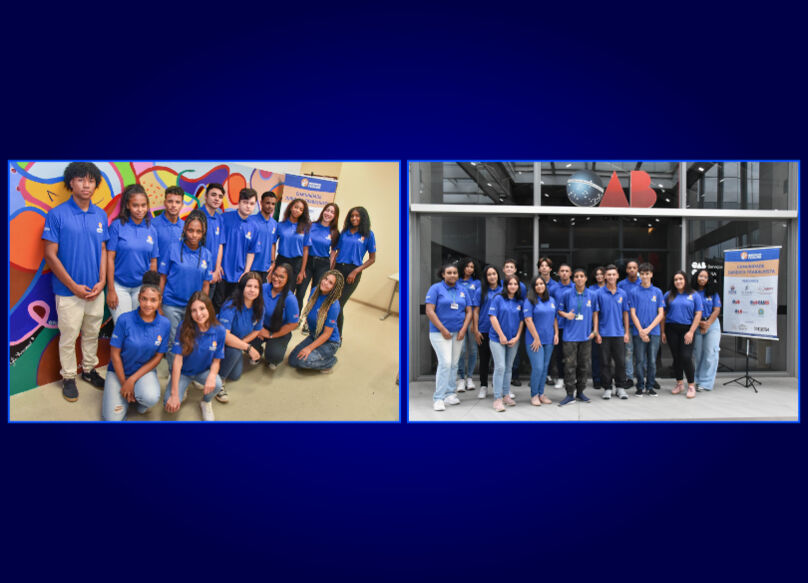Arte com duas fotos posadas de cada turma de alunos. Eles vestem o uniforme azul do Pescar. A turma do TRT-4 posa em frente a um mural colorido, e a da ESA na entrada de um prédio com o logo da OAB