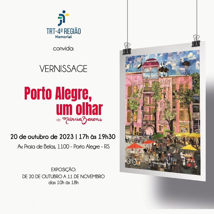 Card de divulgação da exposição traz a imagem de uma colagem que retrata a Casa de Cultura Mário Quintana, na cor rosa, e informações sobre a mostra.