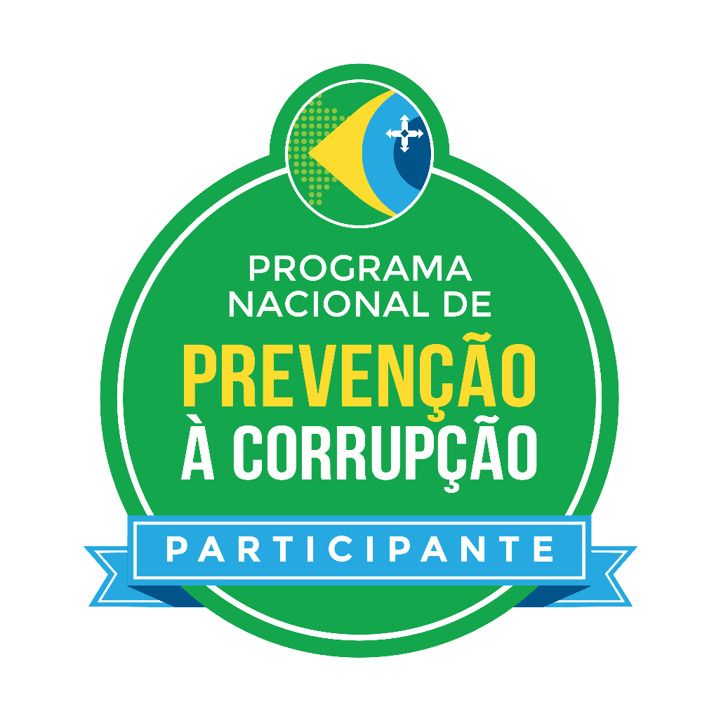 Selo do Programa Nacional de Prevenção à Corrupção, com as cores da bandeira nacional e a ilustração de um olho aberto, simbolizando a fiscalização