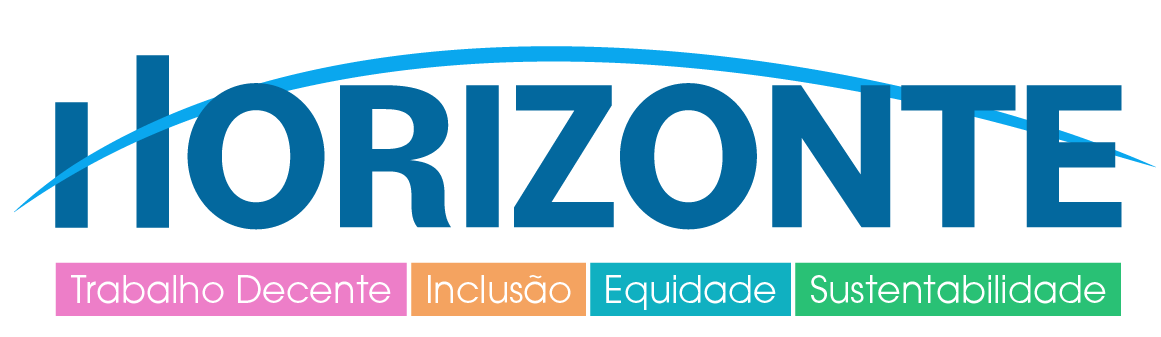 Logo Horizonte - Palavra horizonte com os subtítulos: Trabalho decente, Inclusão, Equidade e Sustentabilidade