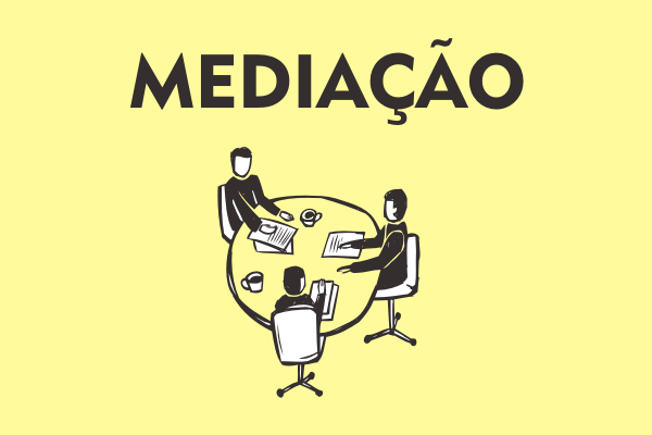 Ilustração de Mediação, com três pessoas sentadas à mesa e o texto "Mediação".