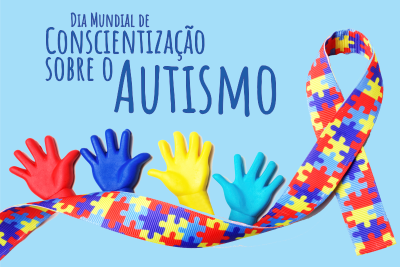 Arte fazendo referência ao Dia Mundial do Autismo, informando que o TRT4 apoia esta causa. Fundo azul, com peças multicoloridas de quebra-cabeças encaixadas, formando uma faixa, junto com luvas de diferentes cores.