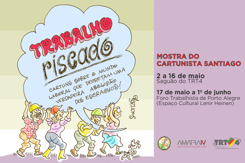 Cartaz com as informações da exposição. A peça tem o desenho de trabalhadores carregando nas costas um grande balão de texto, com os dizeres: cartuns sobre o mundo laboral que revelam uma verdadeira abolição dos escrachos.