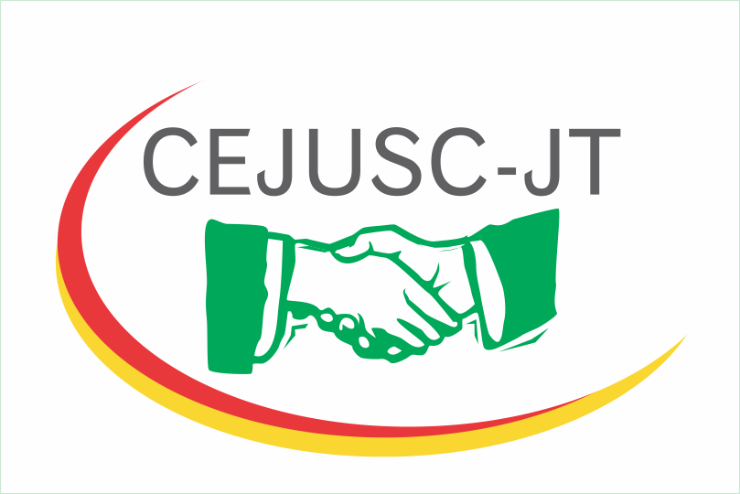 Logo do Cejusc-JT: imagem de um aperto de mãos estilizado com as cores da bandeira do rio grande do sul.