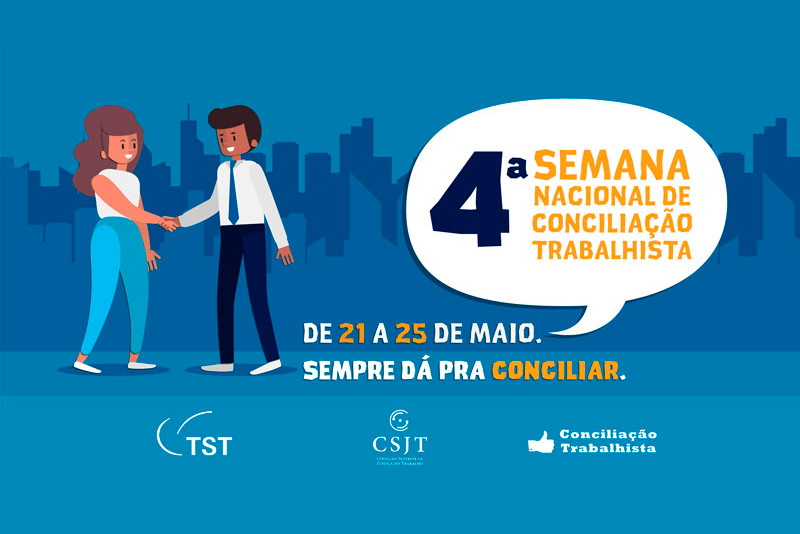 Arte da Semana da Conciliação, com as informações do evento e o desenho de duas pessoas se cumprimentando, fazendo um acordo. A peça tem o slogan: "Sempre dá pra conciliar".