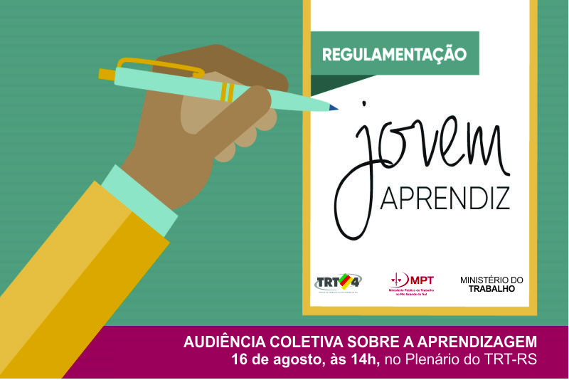 Imagem da mão de um estudante escrevendo "jovem aprendiz" com uma caneta, abaixo da palavra "regulamentação" e informações sobre o evento