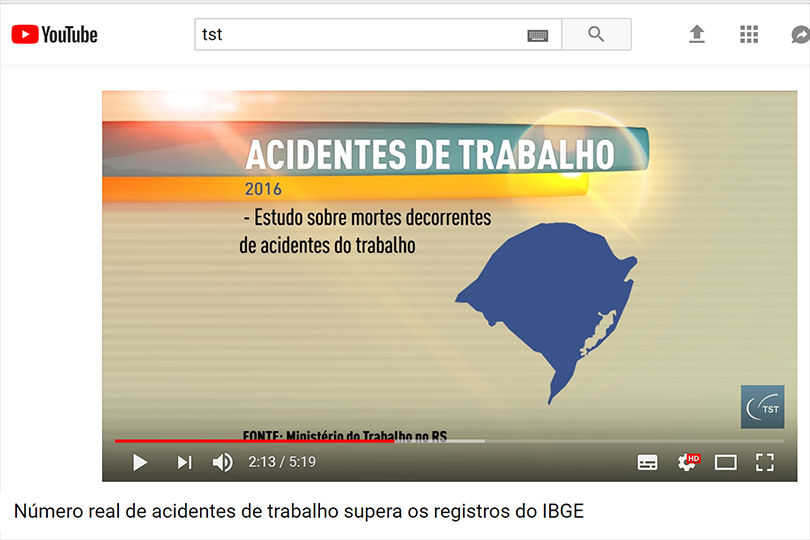 Captura de tela do site youtube com o video da matéria sobre acidentes de trabalho sendo exibido no momento em que se mostra um quadro em que serão apresentado números sobre mortes de trabalhadores no rio grande do sul