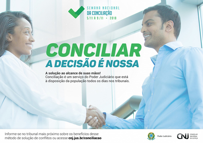 foto de  uma mulher e um homem apertando as mãos e sorrindo, com a frase "Conciliar: a decisão é nossa"
