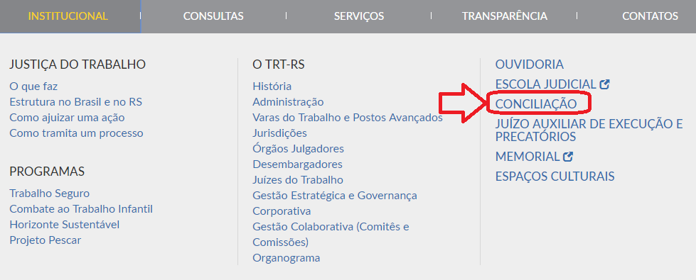 Na aba "institucional" foi colocado link para a nova página, que reúne informações sobre conciliação