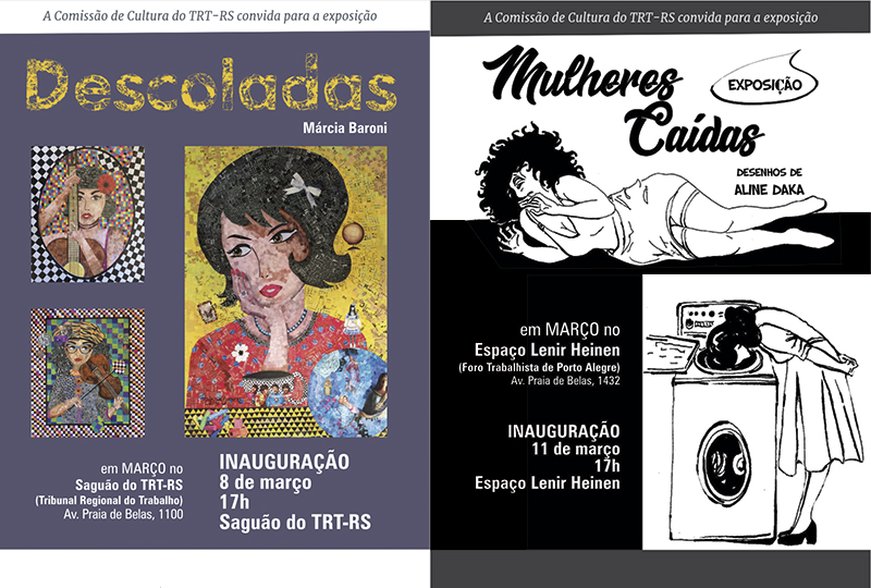 Exemplos de obras que serão expostas pelas artistas. Algumas histórias em quadrinhos em preto e branco com ilustrações de mulheres caídas e recortes de revistas formando uma colagem com o rosto de uma mulher.