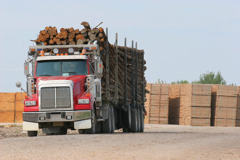 Fotografia de um caminhão de transporte de madeira