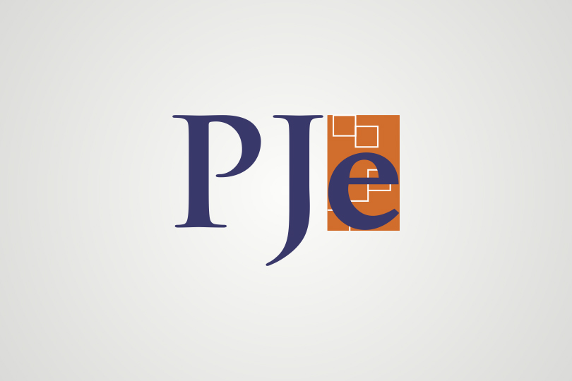 Logo do PJe com a sigla em azul e laranja