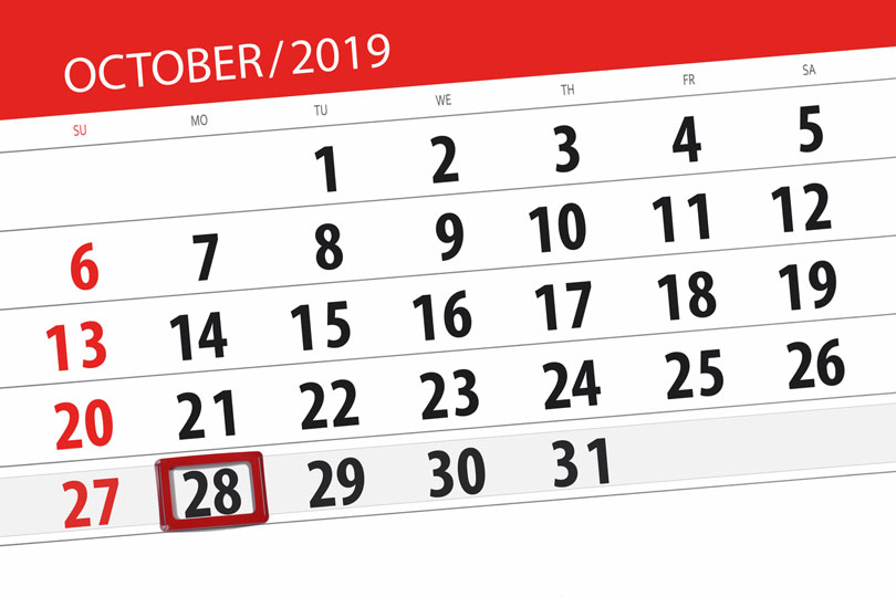 Ilustração de um calendário do mês de outubro, com a data 28 selecionada.