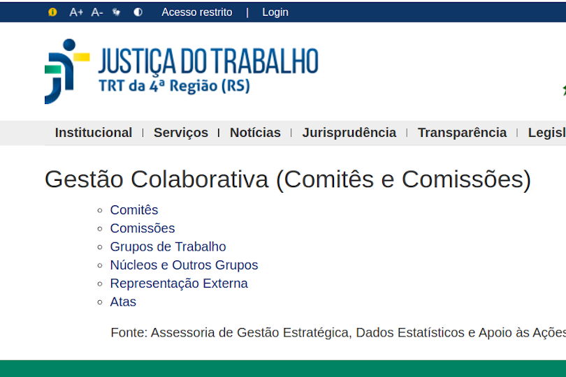 Printscreen do menu principal da Página da Gestão Colaborativa.