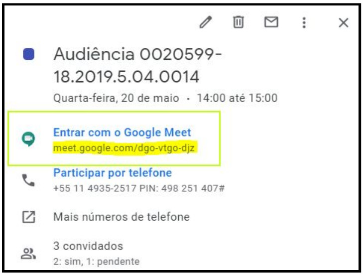 Imagem com destaque para o campo "Entrar com o Google Meet" e um exemplo de link para a videconferência