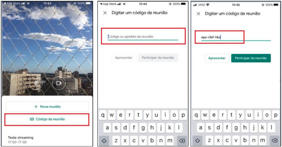 exemplo de alguém digitando diretamente o código da reunião