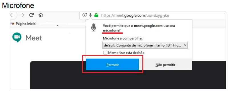 Imagem da tela em que o navegador pergunta se o usuário permite que o app use o microfone com destaque para o botão "permitir"