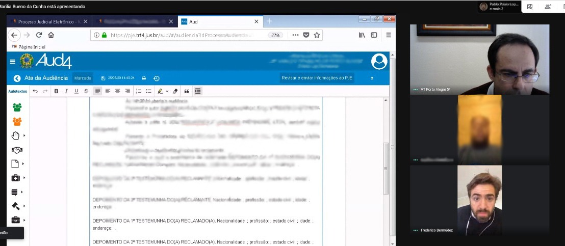 Foto da videoconferência com imagens de alguns participantes e uma tela do processo