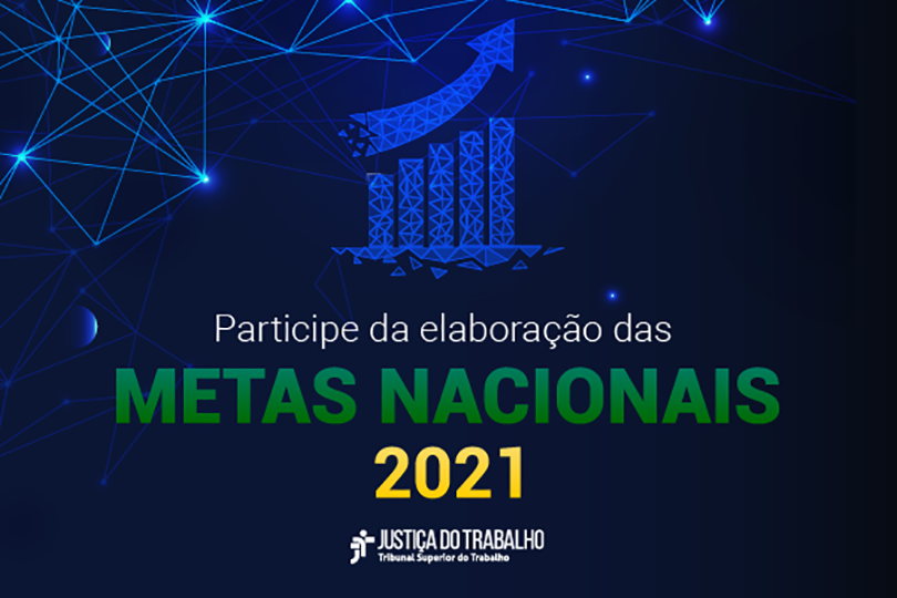 Arte com imagens icônicas remetendo a gráficos estatísticos e o texto "Participe da Elaboração das Metas Nacionais 2021 - Justiça do Trabalho - Tribunal Superior do Trabalho"