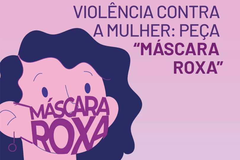 Ilustração da campanha, toda em tons de rosa a roxo, representando uma mulher que usa uma máscara roxa formada pelas letras das palavras "máscara roxa", e com o texto "Denuncie a Violência contra a Mulher: "Peça Máscara Roxa".