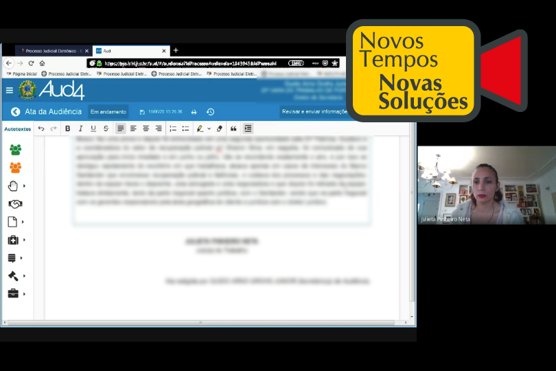 foto da videoconferência com imagem da ata de audiência e da juíza