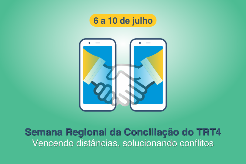 Selo provisório dos Cejuscs, com a ilustração de um aperto de mãos, sendo que as mãos estão saindo das telas de dois telefones celulares. Abaixo está escrito: Semana Regional da Conciliação - Vencendo distâncias, solucionando conflitos.