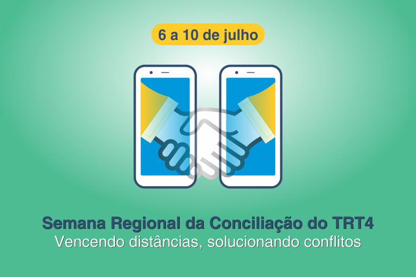 Logomarca da Semana da Conciliação, com um desenho de um aperto de mãos se dando pela tela de dois celulares. Abaixo, a frase: Vencendo Distâncias, Solucionando Conflitos.