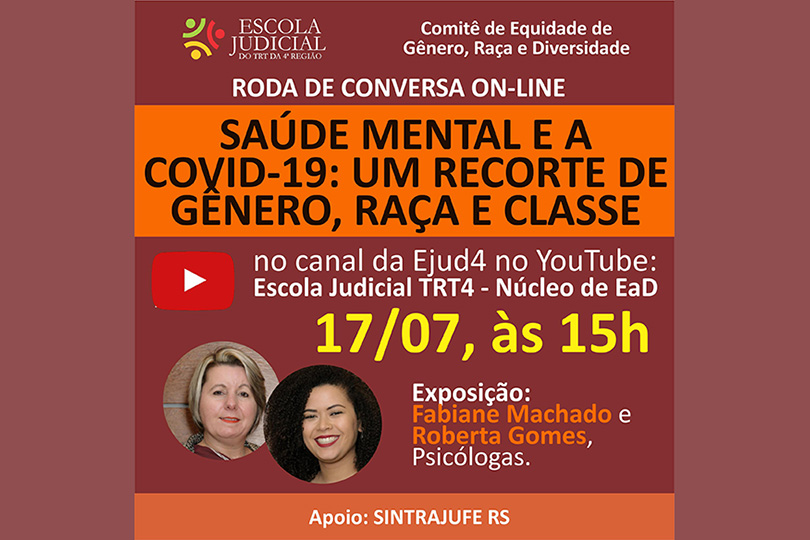 Pra cego ver: convite para o debate on-line, com informações e foto das psicólogas Fabiane Konowaluk Machado e Roberta da Silva Gomes.