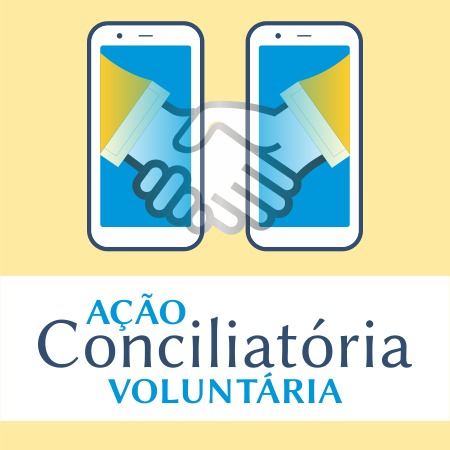 logomarca do projeto Ação Conciliatória Voluntária, com o nome do projeto e o desenho de um aperto de mãos sendo dado por meio das telas de dois celulares.