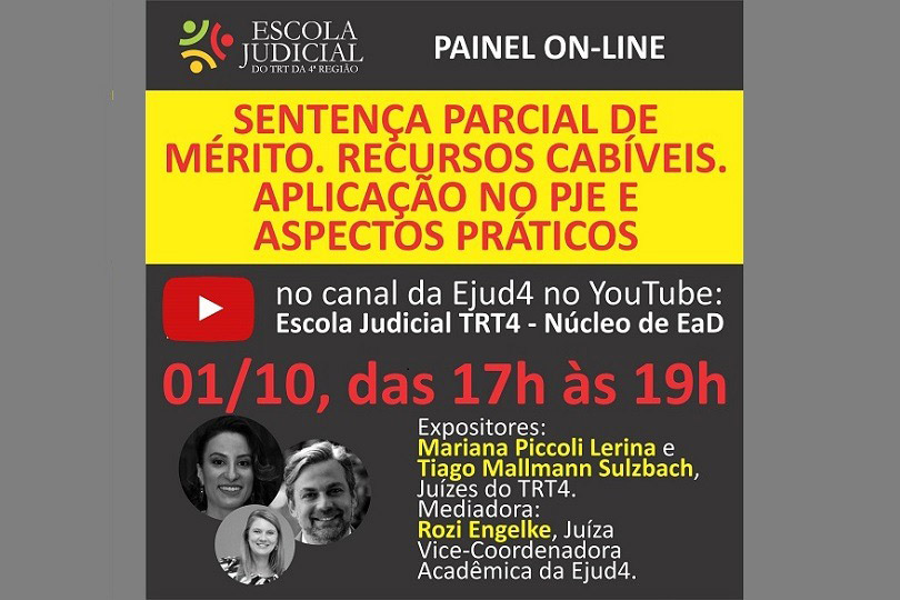 Pra Cego Ver: imagem mostra a foto dos juízes expositores e da mediadora, além de informações sobre o painel on-line.