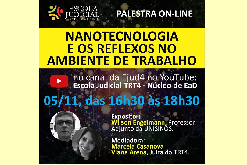 Pra Cego Ver: Imagem com foto do palestrante e mediadora, bem como informações sobre o evento.