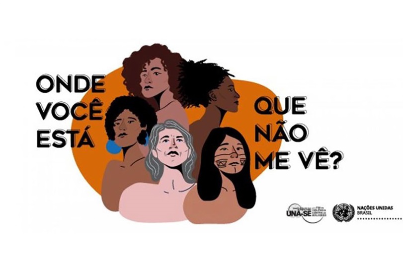 Pra Cego Ver: logomarca da campanha “Onde você está que não me vê?” adotada pela Onu Mulheres Brasil mostra imagens de rostos que sugerem mulheres de várias etnias