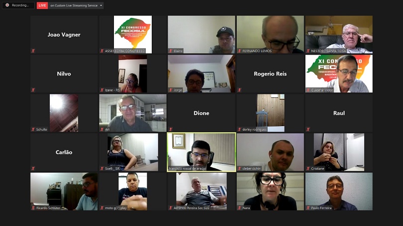 Tela do evento on-line da Fecosul, com participantes em mosaico.