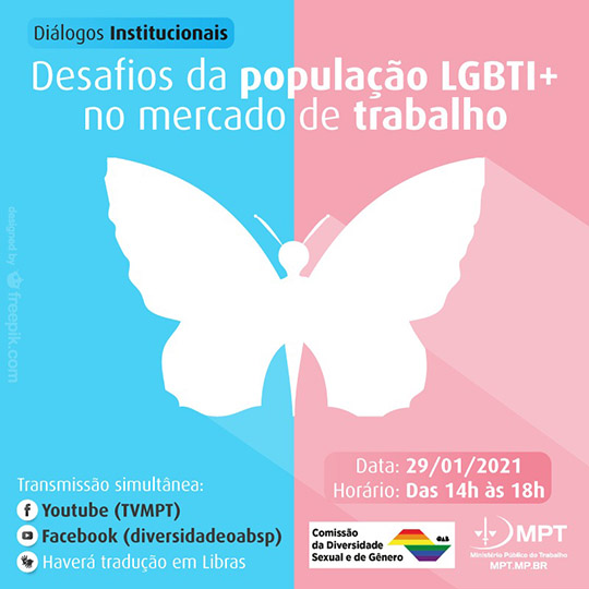 Pra Cego Ver: imagem com a ilustração de uma borboleta branco sobre um fundo em metade azul e metade rosa, com informações sobre o evento on-line.