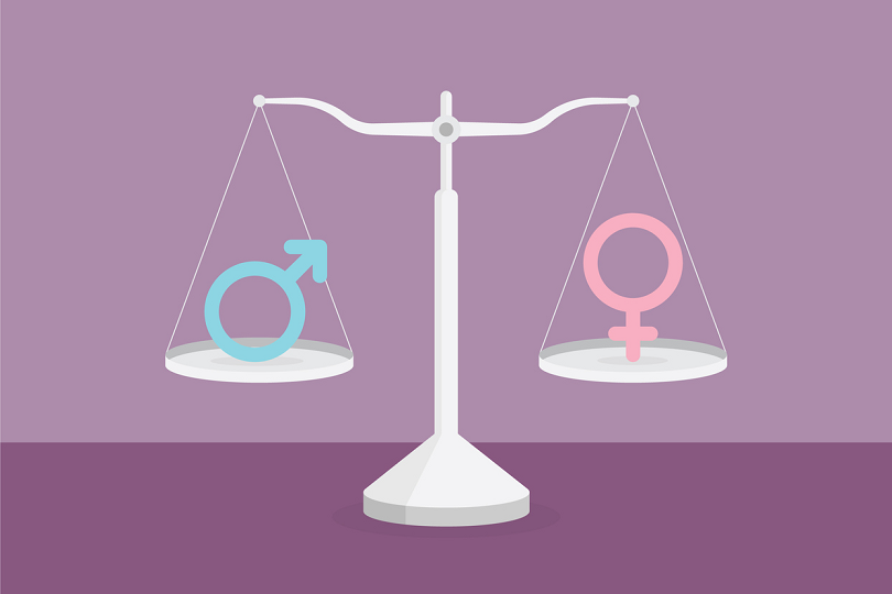 Ilustração mostrando os símbolos de masculino e feminino equilibrados em uma balança.