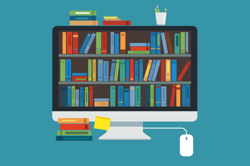 Ilustração representando um monitor de computador no qual estão guardados livros, como se a tela fosse uma estante