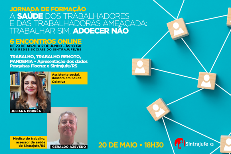 Card de divulgação do evento, com o logotipo do Sintrajufe/RS, título, data e horário do evento, foto e currículo dos dois palestrantes.