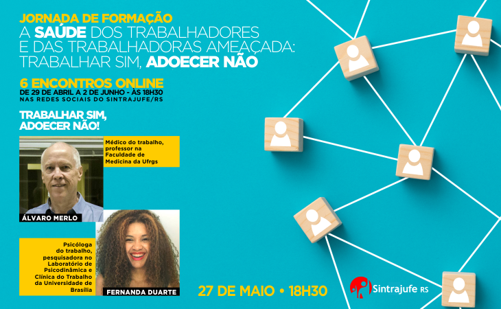 Descrição acessível: Card de divulgação do evento, com o logotipo do Sintrajufe/RS, título, data e horário do evento, foto e currículo dos dois palestrantes.