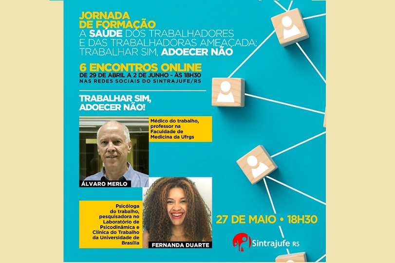 Pra cego ver: card com informações sobre o evento e foto dos palestrantes.