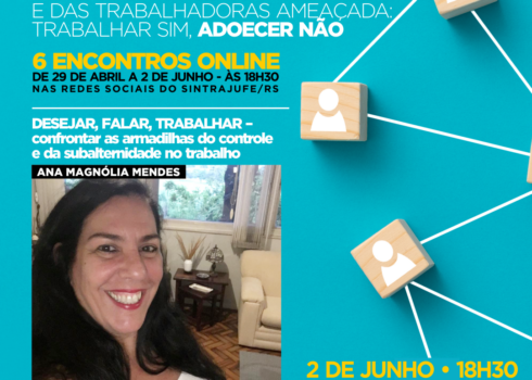 Descrição acessível: Card de divulgação do evento, em fundo azul claro, com o logotipo do Sintrajufe/RS, título, data e horário do evento, foto e currículo da palestrante.
