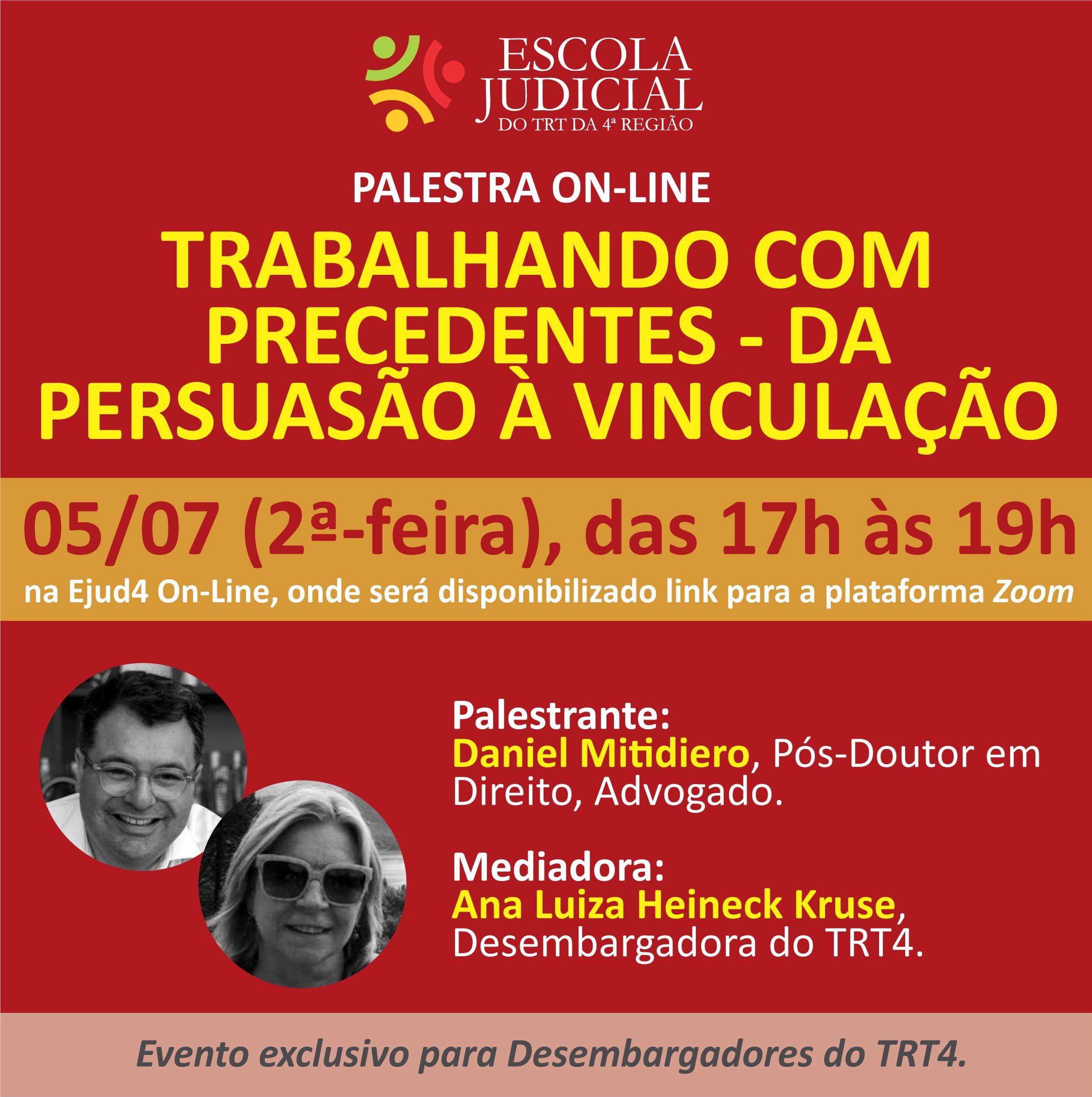 Card de divulgação, com logotipo da Ejud4, título do evento, horário, local, fotos e currículos do palestrante e da mediadora.