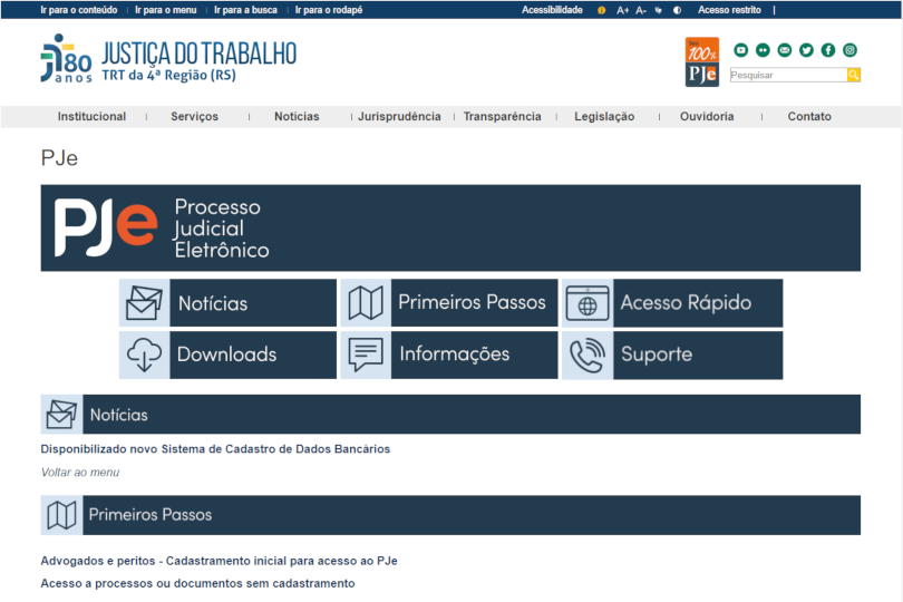 Captura de tela da nova página do PJe no site do TRT-RS