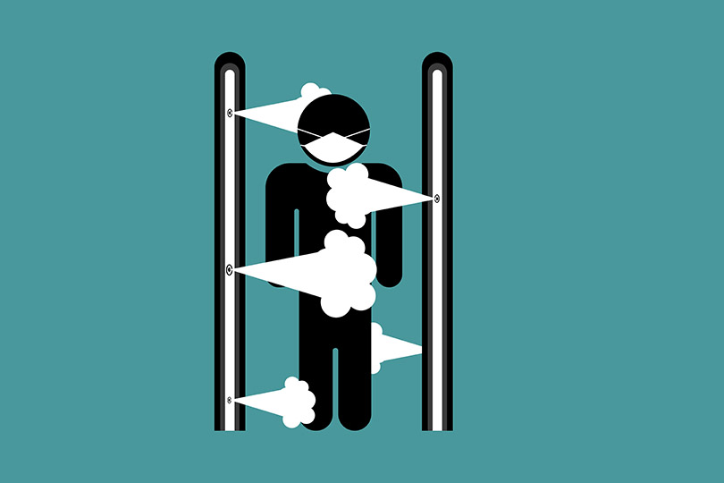 Pra Cego Ver: ilustração de meredesign/DepositPhotos mostra boneco dentro de túnel que emite jatos desinfetantes