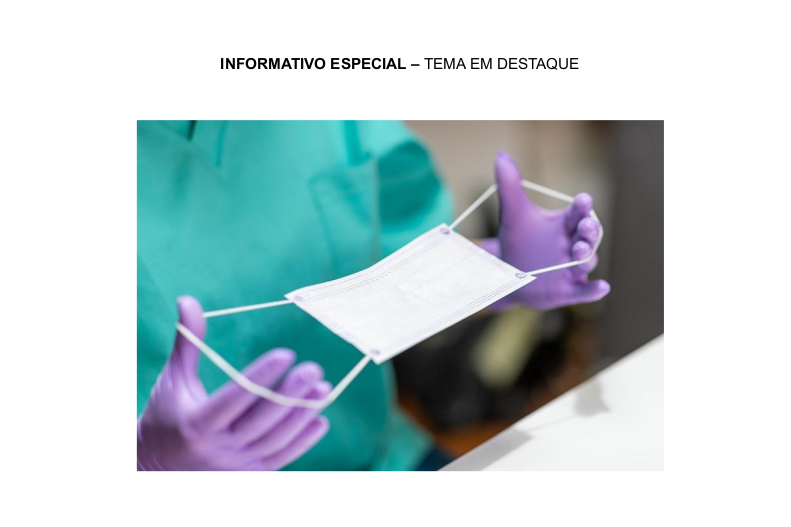 Detalhe da capa da edição, contendo foto ilustrativa de mãos usando luvas e que seguram uma máscara facial esticada entre os dedos