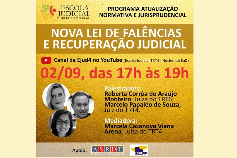 Imagem da logomarca da EJud4 sobre fundo amarelo traz informações sobre o evento e fotos dos participantes.
