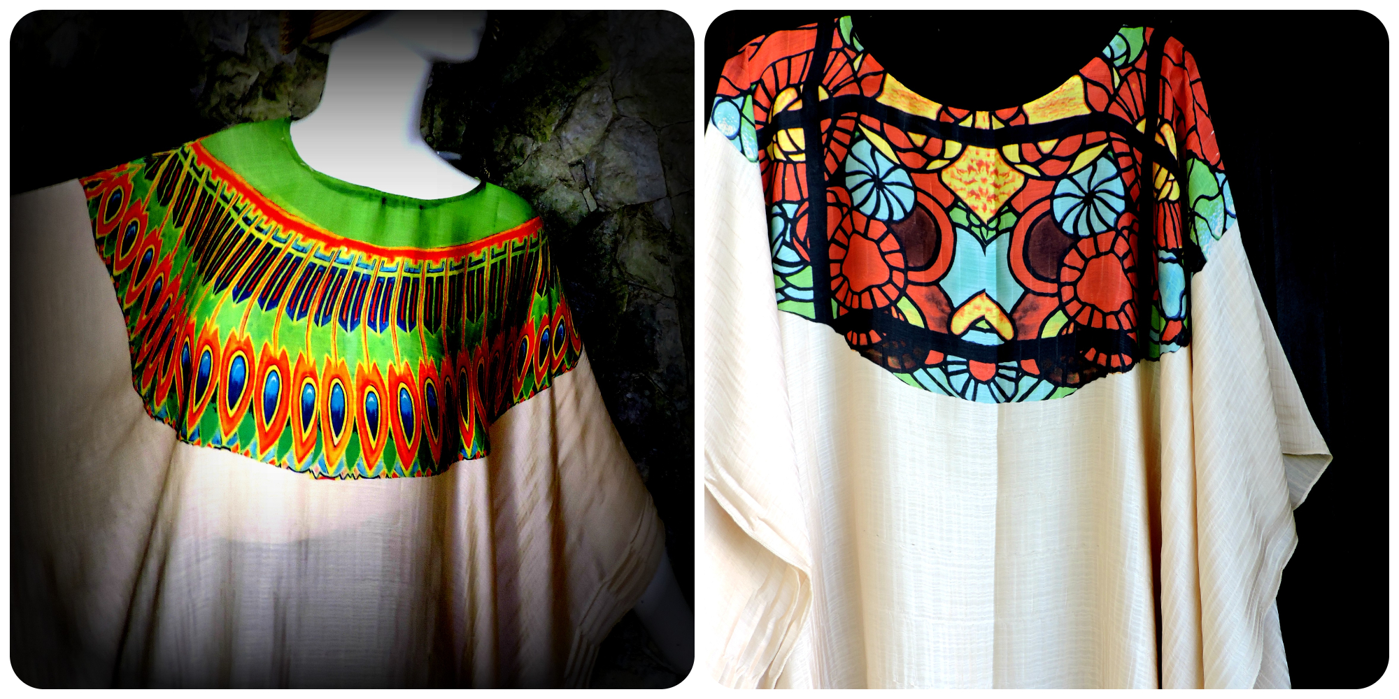 Obras "Cleópatra" e "Flores para Frida Kahlo", com tecido branco e estampas nas cores verde, azul, laranja, amarelo, verde e vermelho. A primeira simula uma túnica egípcia e a segunda ilustrações estilizadas de flores