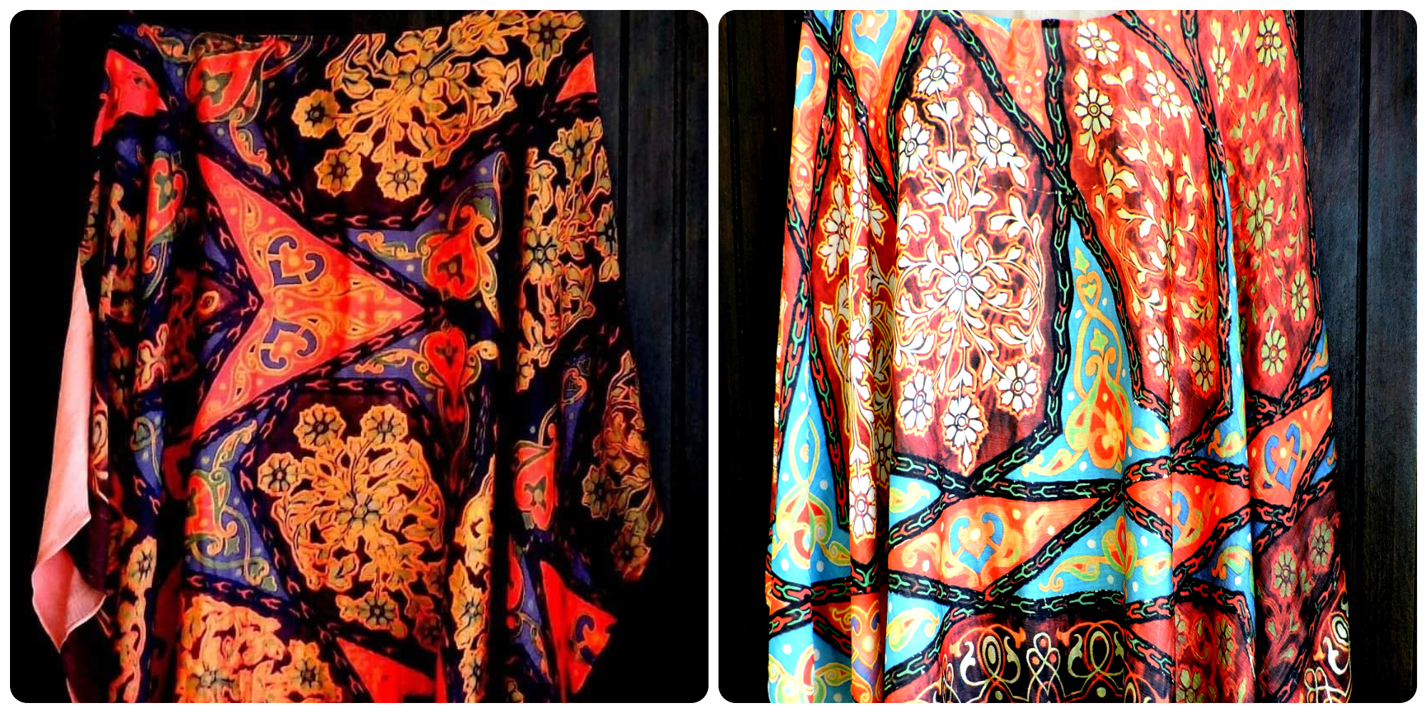 Obras "Mourisca" e "Recuerdos de Granada". Ambas as estampas remetem a vitrais coloridos no estilo mouro. A primeira estampa trabalha cores mais escuras, e a segunda cores mais claras.