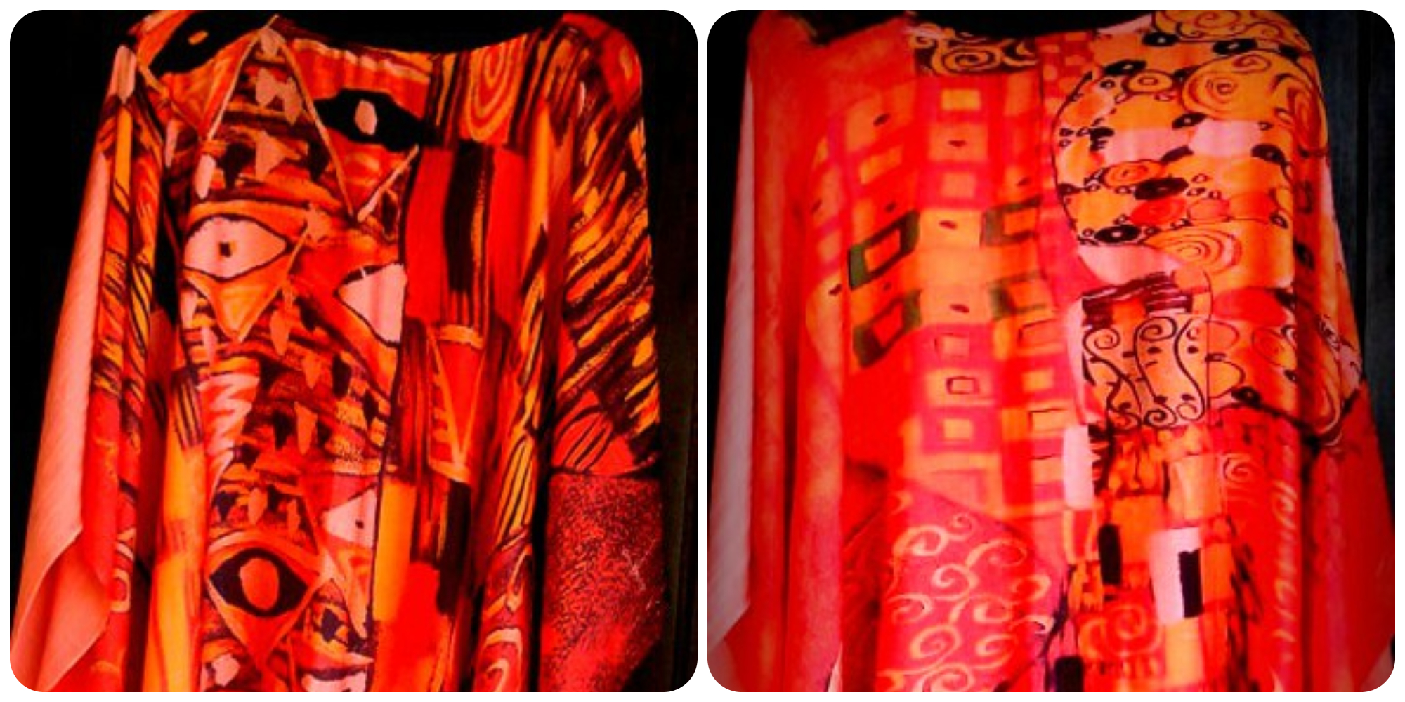 Obras "Klint Repaginado" e "Ausência de Adele". Ambas as estampas usam o preto combinado com cores quentes (vermelho, laranja e amarelo), com figuras abstratas que remetem às obras do pintor Gustav Klimt.