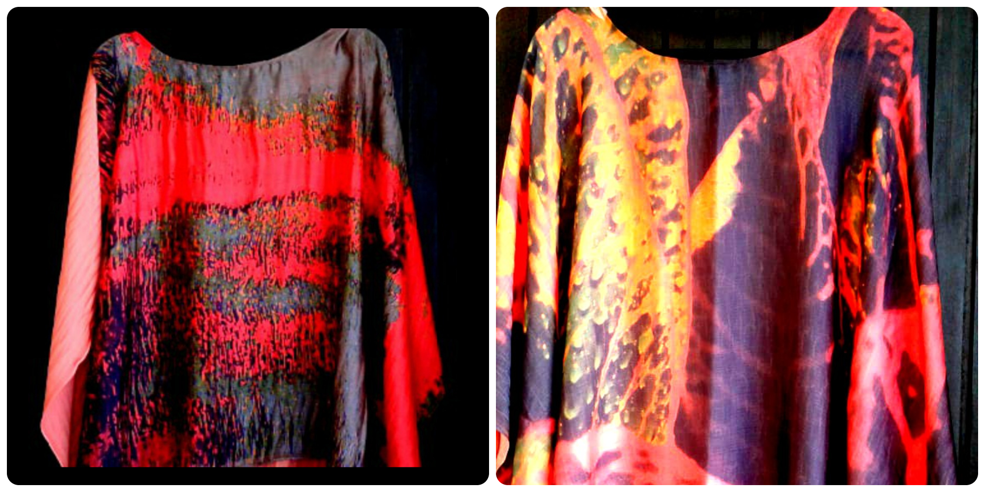 Obras "Reflexos do entardecer" e "Jardins de Lautrec". A primeira estampa tem fundo preto e manchas em vermelho na horizontal. A segunda usa as cores amarelo, preto e vermelho, compondo imagens que lembram a textura de folhas.